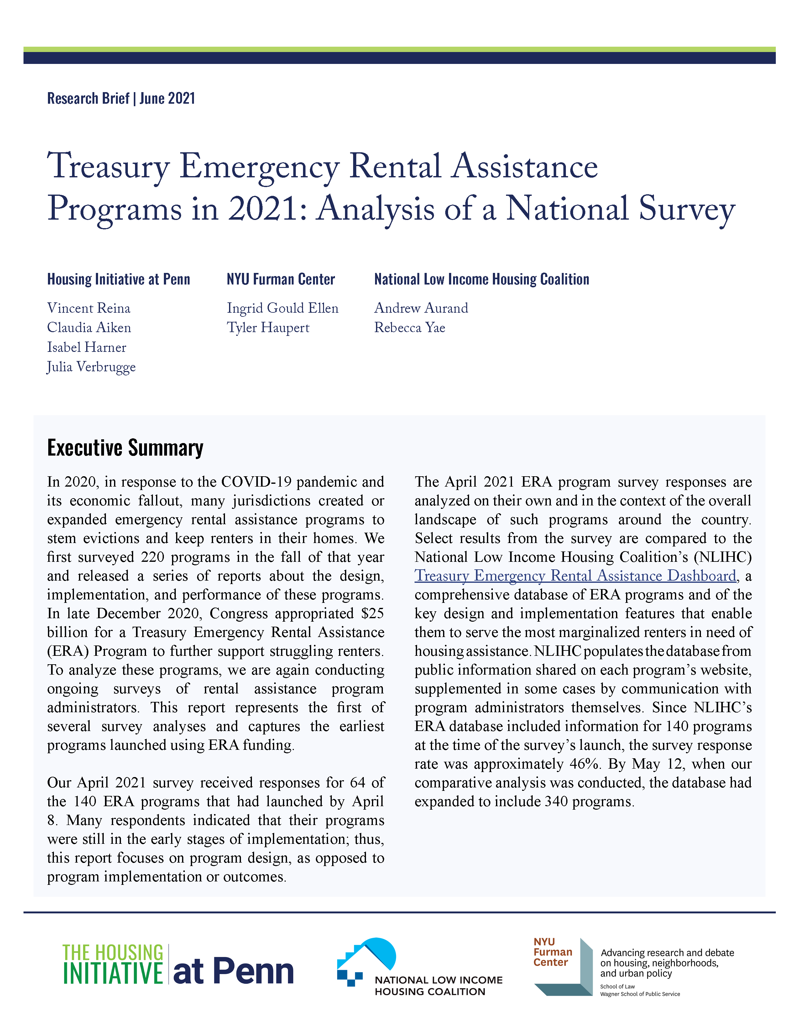 Treasury Emergency Rental Assistance Programs in 2021: Analysis of a National Survey